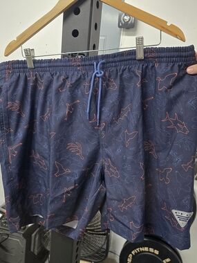 Columbia Navy Blue Swim Trunks with Red Outline Fish Print
